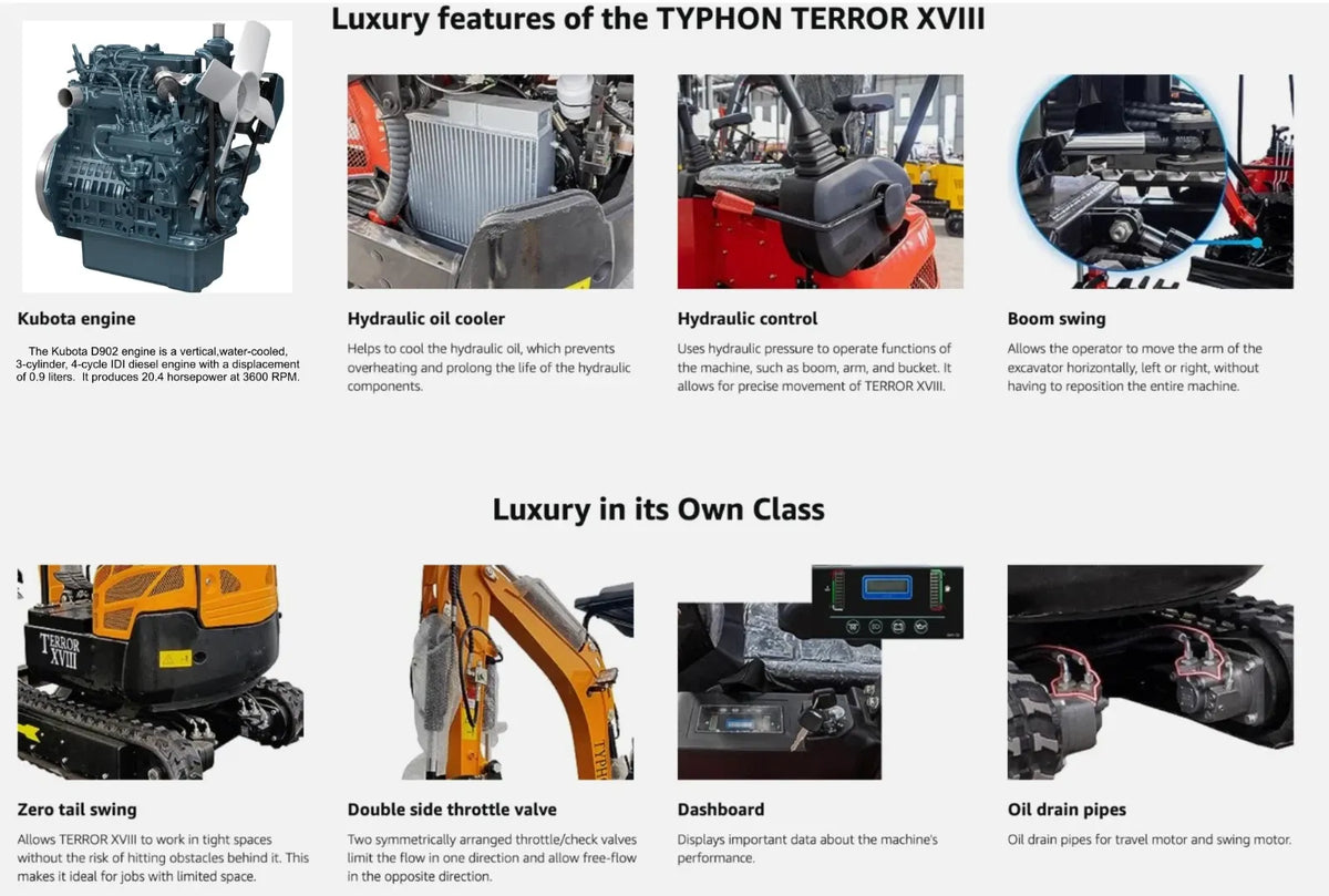 TYPHON TERROR XVIII Prestige 2-Ton Mini Excavator – Premium Crawler Digger with Genuine Kubota D902 Diesel Engine image 4