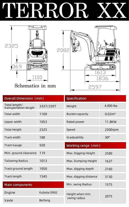 TYPHON TERROR XX Heavy-Duty Mini Excavator – 4000 lbs Rubber Track Digger with Kubota D902 Diesel Engine image 5