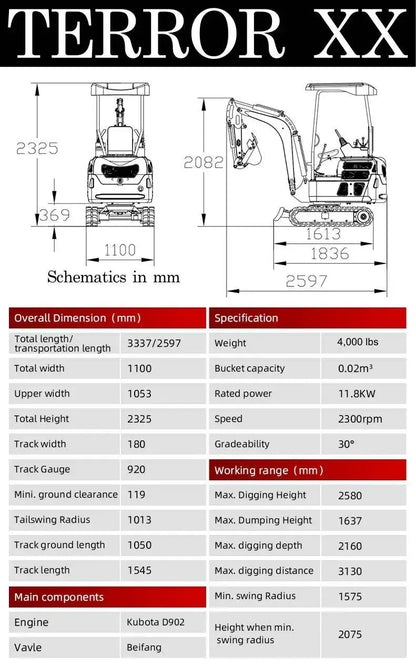 TYPHON TERROR XX Heavy-Duty Mini Excavator – 4000 lbs Green Edition Rubber Track Digger with Kubota D902 Diesel image 6