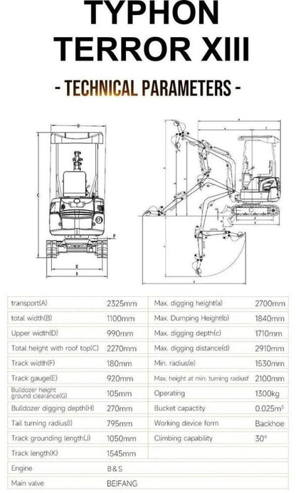 TYPHON TERROR XIII 1.3-Ton Mini Excavator – High-Performance Micro Crawler Trench Digger with Protective Canopy & Advanced Hydraulics image 5