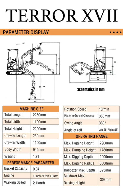 TYPHON TERROR XVII Heavy-Duty Mini Excavator – 3800 lbs Rubber Track Digger with Kubota D902 Diesel Engine image 4