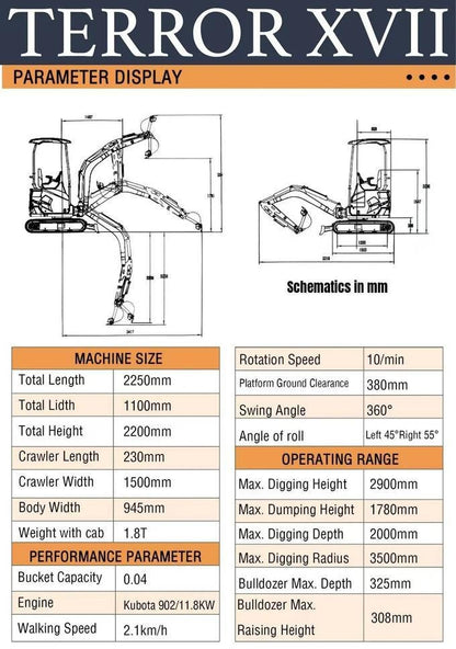 TYPHON TERROR XVII Heavy-Duty Cabin Mini Excavator – 4000 lbs Closed Cab Rubber Track Digger with Kubota Diesel image 8