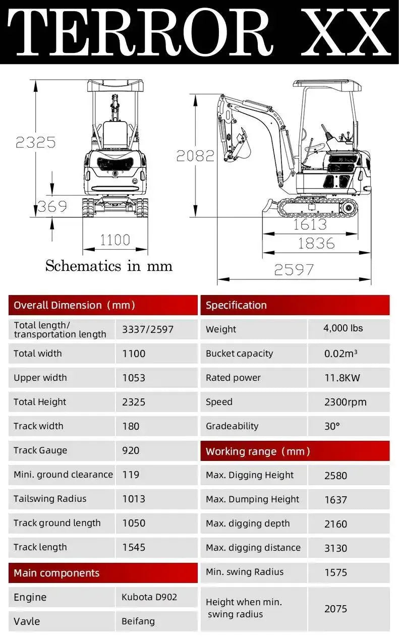 TYPHON TERROR XX Heavy-Duty Mini Excavator – 4000 lbs Rubber Track Digger with Kubota D902 Diesel Engine (Alternative Layout) image 7