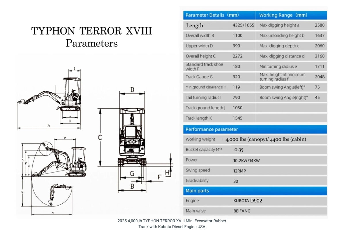 TYPHON TERROR XVIII Heavy-Duty Mini Excavator – 4000 lbs Rubber Track Digger with EPA-Certified Kubota D902 Diesel Engine (Alternative Layout) image 9